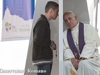 Pope Francis hears the confession of a kneeling young man, through a white screen. 