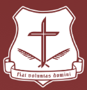 A shield logo on a red background, with a cross, two palm branches and the motto 'fiat voluntas domini'