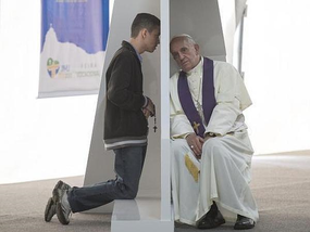 Pope Francis hears the Confession of a kneeling young man, through a white screen. Photograph taken at a World Youth Day event