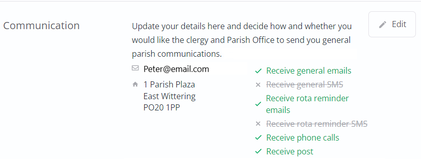 A screenshot of the ChurchSuite website, showing where one can update one's communication preferences. 