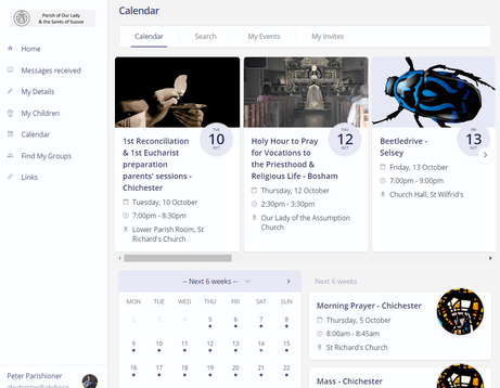 A screenshot of the ChurchSuite website, showing the Calendar page, with three featured events above, and the calendar of all daily events below.