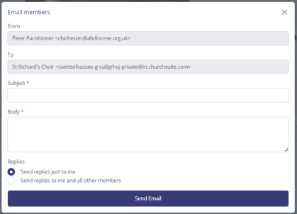 A screenshot from ChurchSuite, showing an email box that a rota or small group member could use to email other members of their group or ministry without needing to know each other's addresses.