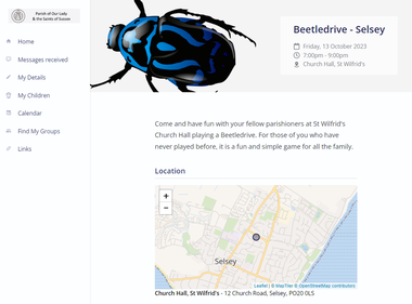 A screenshot of the ChurchSuite website, showing the location, date and description of a Beetle Drive event, with a logo of a blue and black beetle.