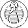 Parish logo showing a black and white figure of Our Lady, on the background of a Cross, surrounded but a circle that represents a halo. Her own halo contains a Cross, directing us to Jesus.
