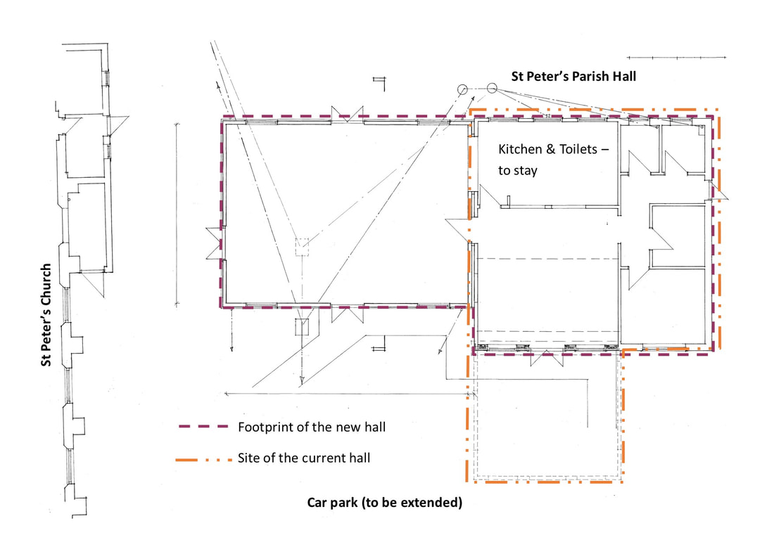 A plan of the proposed new hall, showing, on the right, the footprint of the old hall, of which the kitchen and most of the hall is retained, with the new hall's footprint shown attached to it, to the left. 